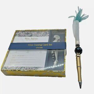 Chico's Wine Tasting Floral Print Cards, Corkscrew And Teal Feather Pen
